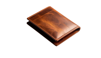A well-worn brown leather bi-fold wallet sits on a glossy black surface