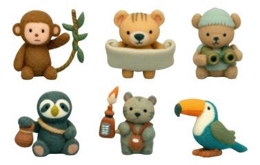 Fototapeta premium Cute Jungle Explorer Plush Animal Minis on Transparent Background for Crafting