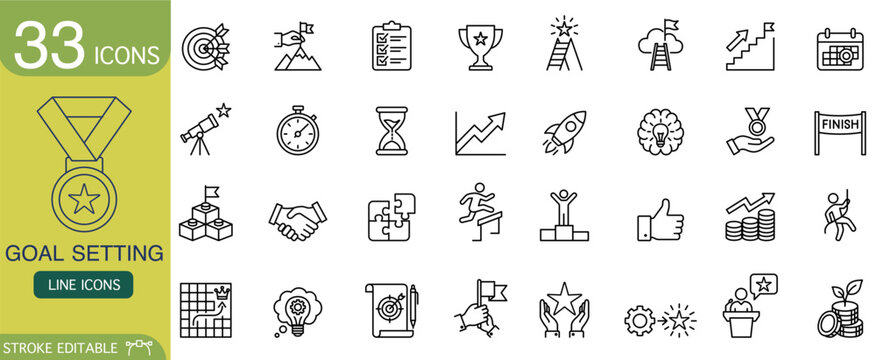 Goal setting icon collection for business success and achievement. simple outline symbol set representing strategy, target, and vision for web and mobile application design