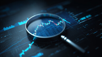 a high-tech financial analysis concept featuring a magnifying glass focusing on a glowing stock market candlestick chart against a dark digital background with data visualizations.