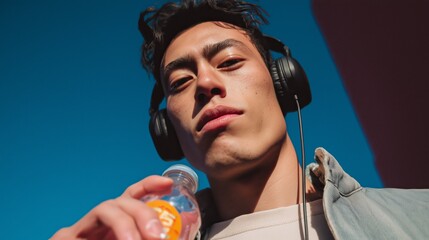Fototapeta premium Young man wearing headphones, holding a drink, looking confident under a clear blue sky, enjoying music outdoors.