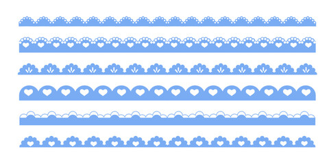 Scalloped edge blue lace border, cute textile frill stripe. scalloped border, frame, pattern isolated. Zigzag edge border, cutout decoration line frame collection