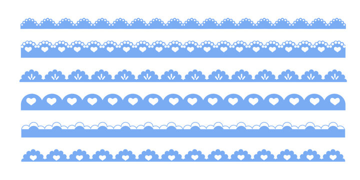 Scalloped edge blue lace border, cute textile frill stripe. scalloped border, frame, pattern isolated. Zigzag edge border, cutout decoration line frame collection