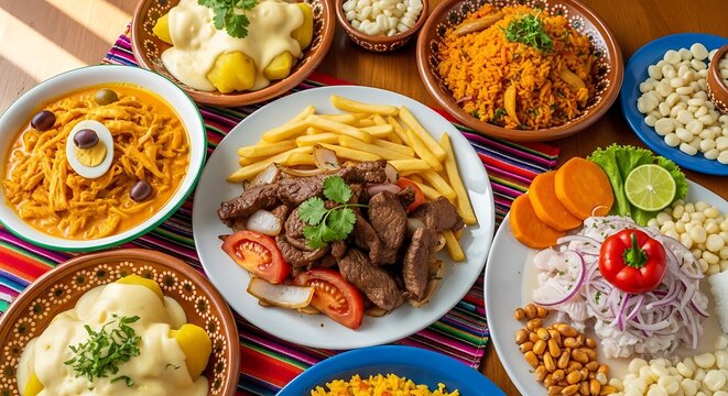 Delicious Peruvian dishes on colorful table setting with empanadas and Inca Kola
