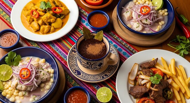 Delicious Peruvian dishes on colorful table setting with empanadas and Inca Kola