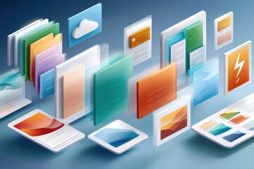 Isometric digital dashboard showcase with colorful cards, devices, and minimalist workspace on blue background