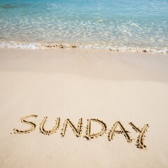 Fototapeta premium Sunday Beach Sand Writing by Turquoise Water
