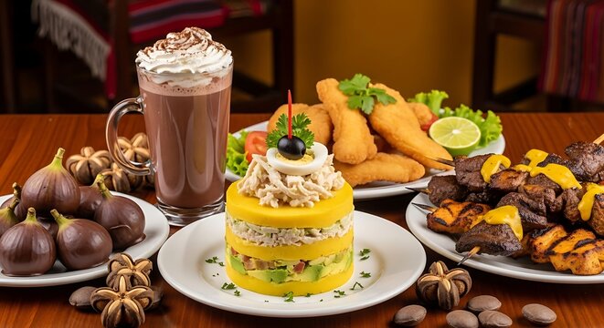 Delicious Peruvian dishes on colorful table setting with empanadas and Inca Kola