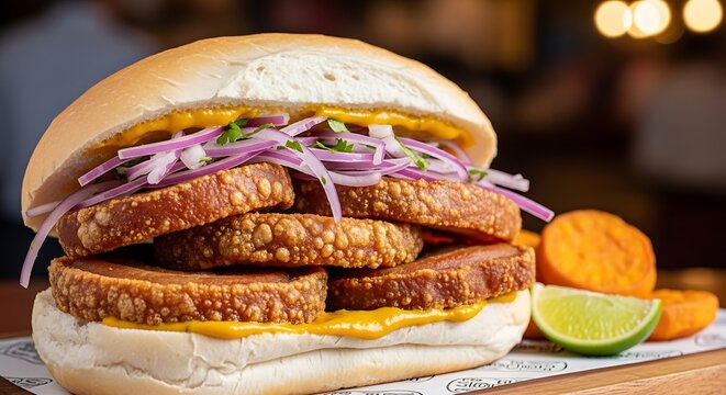Delicious Peruvian dishes on colorful table setting with empanadas and Inca Kola