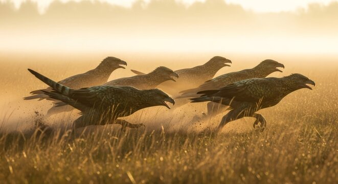 Flock of flightless terror birds running through a grassy field in the morning sun. Prehistoric Cenozoic era animal scene with dynamic motion.
