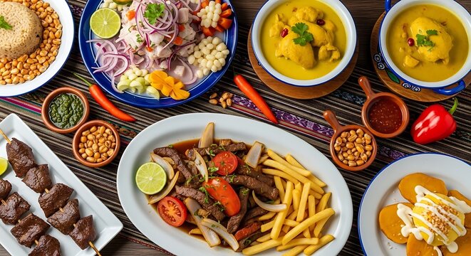 Delicious Peruvian dishes on colorful table setting with empanadas and Inca Kola