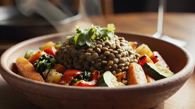 Close up of a bowl of cooked lentils and assorted vegetables