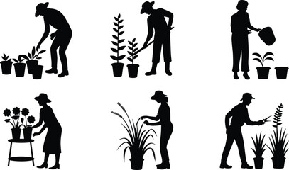 Obraz premium Silhouette gardeners caring for potted plants illustration, people watering trimming and planting flowers, indoor outdoor gardening activities, eco friendly lifestyle concept