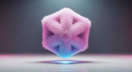Pink furry cube with glowing blue light on a reflective surface in a dark gradient background