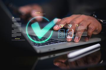 Business-minded concept for planning and managing digital checklists and quality assurance systems, reviewing work and documents for approval with maximum satisfaction scores to meet international sta