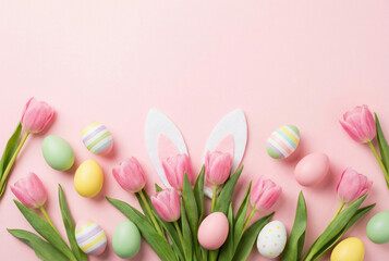 Easter enchantment top view color-pop eggs, an adorable bunny ears, and tulips bouquet against a calming pastel pink setting. A captivating image with space for text or promotional content