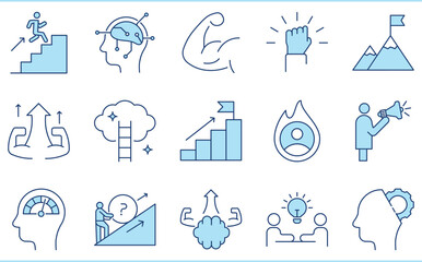 A set of flat icons related to Motivation. Speech, motivate, encourage, empowerment, goal, success, target, focus, and so on.