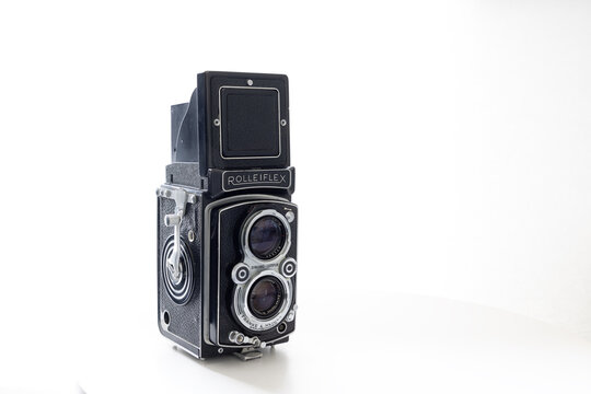 Calgary, Alberta, Canada. Jan 22, 2026. A classic vintage Rolleiflex twin lens reflex medium format film camera on a white background.
