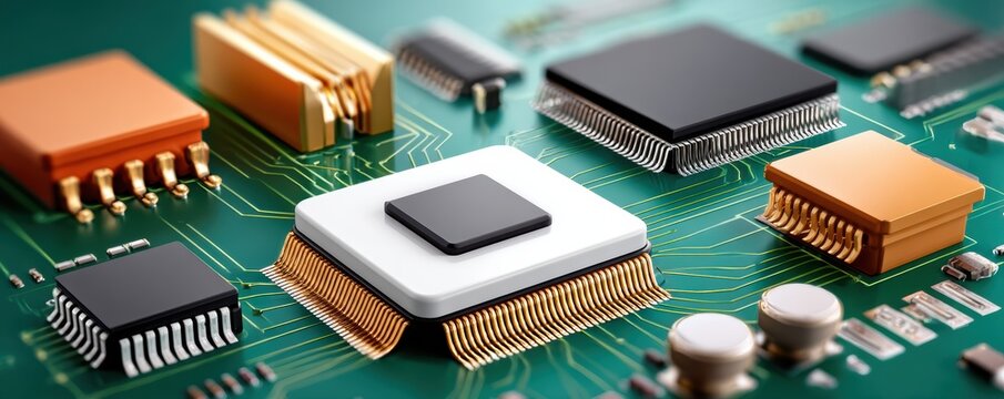 Close-up of an electronic circuit board with chips and connectors on a green PCB for tech and engineering visuals