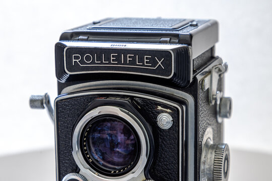 Calgary, Alberta, Canada. Jan 22, 2026. Macro detail of the nameplate and viewing lens of a vintage Rolleiflex TLR camera.