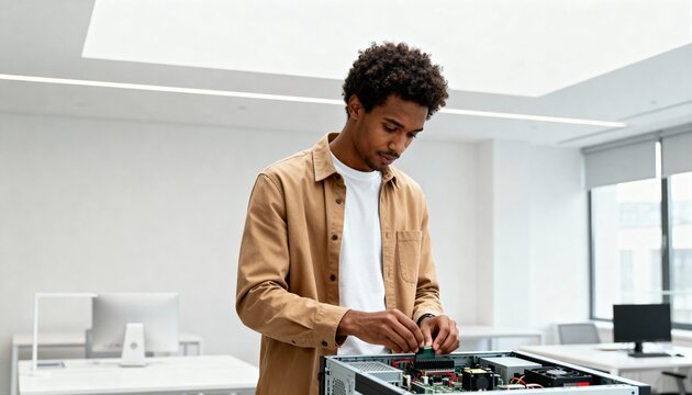 Black male technician repairing a desktop computer in a bright office. Young man assembling PC hardware components. IT support and computer maintenance concept