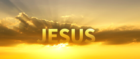 Fototapeta premium Jesus and Faith concept. words written with Clouds blue sky, Inspirational Christian message of hope and belief journey with the word faith. not ai