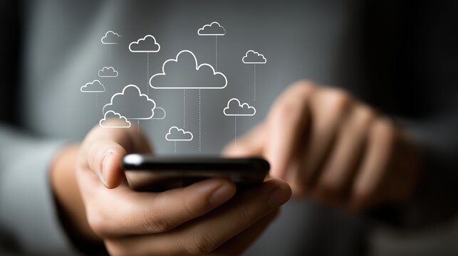 Person using a smartphone with cloud icons floating above, representing cloud computing and connectivity