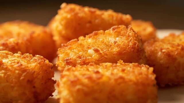 Close-up macro shot of golden brown crispy fried food pieces, resembling croquettes, tater tots, or hash browns, showcasing delicious texture and ready-to-eat appetizer or snack.