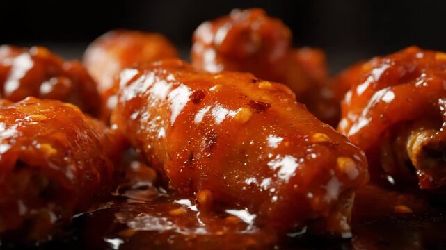 Extreme Close-up of Glossy Glazed Chicken Wings Coated in Thick Spicy Sauce. Delicious Hot Appetizer or Barbecue Snack Food Detail Shot.
