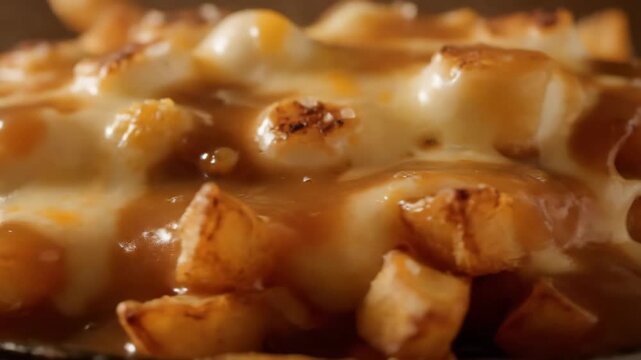 Delicious close-up macro view of classic poutine: golden french fries topped with squeaky cheese curds and thick, savory brown gravy, sprinkled with coarse sea salt.
