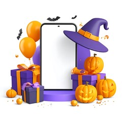 3D Halloween themed phone display with gifts, pumpkins, balloons, and a witch hat against a white background