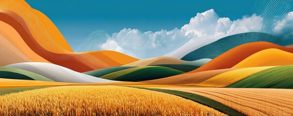 Vibrant abstract farmland landscape with colorful rows and flowing digital ribbons over hills