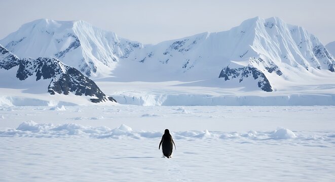 a lone penguin moving towards a mountains in wast antartica, disoriented and deranged 2007