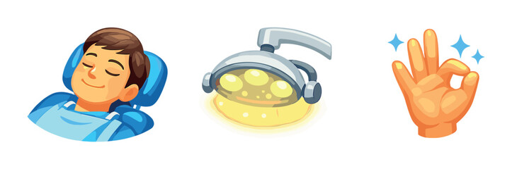 Cartoon dental visit scene with male patient and dental equipment