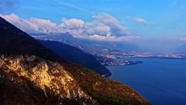 Panoramic aerial view of Lake Iseo with the Bergamo Alps in Lombardy, Italy.
