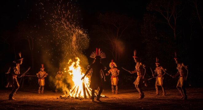 Indigenous tribe men dancing around bonfire at night. Prehistoric tribal ritual. Ancient civilization, tradition and culture concept.