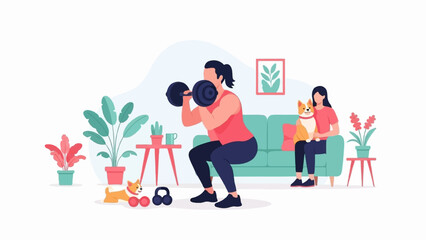 Fototapeta na wymiar People exercising at home with pets and plants