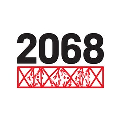 2068" text above a red patterned grid; text is bold black, pattern is a doodle or scribbled design