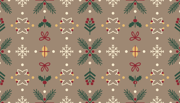 Seamless modern Christmas pattern with pine holly snowflakes and ribbons on a winter taupe background