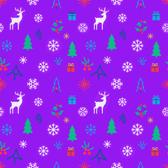 Bright seamless neon Christmas pattern on purple background reindeer snowflakes trees and gifts