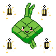Cute Happy Ketupat Mascot Pixel
