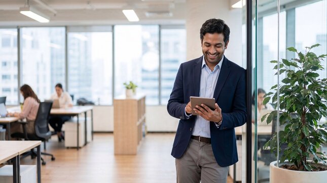 A smiling businessman in a modern office using a digital tablet while standing near a glass wall - Powered by Adobe
