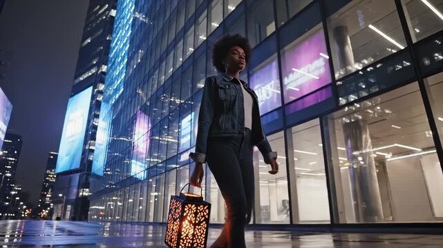 African American woman walking with an illuminated lantern on a wet urban street at night for a pathfinding concept and future solution in modern city life