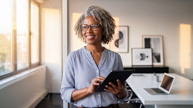 A smiling businesswoman holding a tablet in a modern office with a laptop on the desk - Powered by Adobe