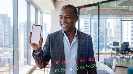 A smiling African American businessman holding a smartphone in a modern office with stock market graphics overlayed.
