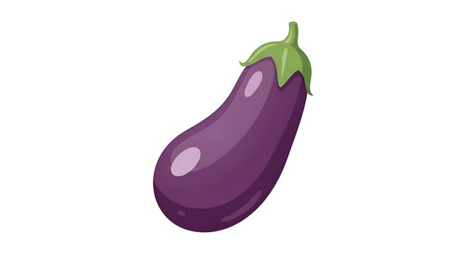 A vibrant purple cartoon eggplant with a green stem, isolated on a white background, depicting a fresh and healthy vegetable.
