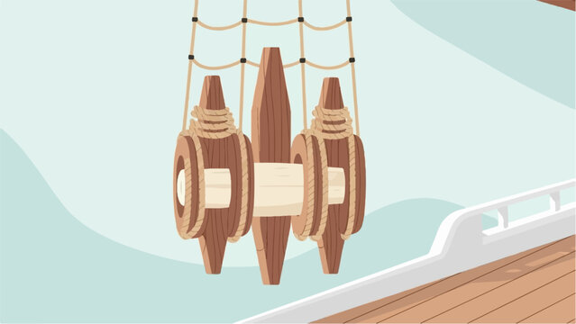 Nautical rigging on a wooden ship deck with a light blue background