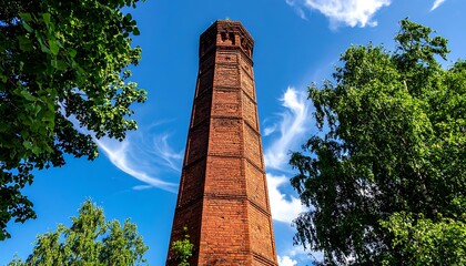 A tall, old, brick tower reaching into a bright blue sky framed by lush, green trees