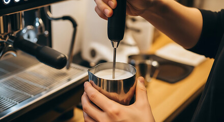 Barista frothing milk with a steaming wand on a coffee machine for a latte