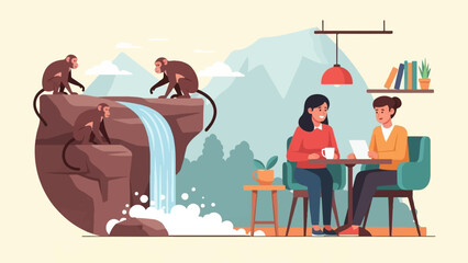 Naklejka premium Monkeys near waterfall & women at cafe table